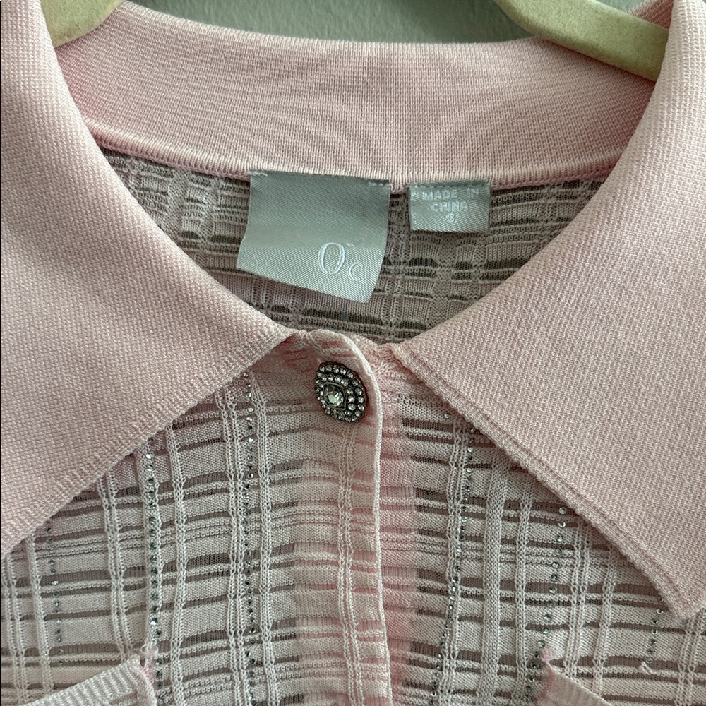 Light Pink Button-Down Rhinestone Short Sleeve Ca… - image 3